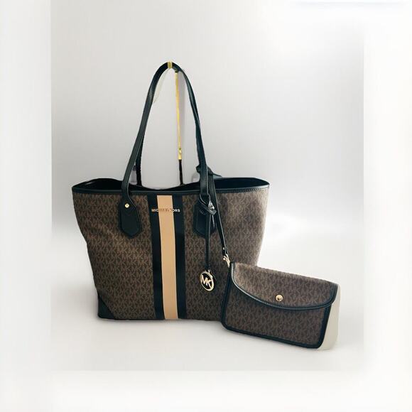 Michael Kors Eva Large Logo Stripe Tote Bag Plus Pouch Black Camel Laptop NWT - Picture 1 of 16